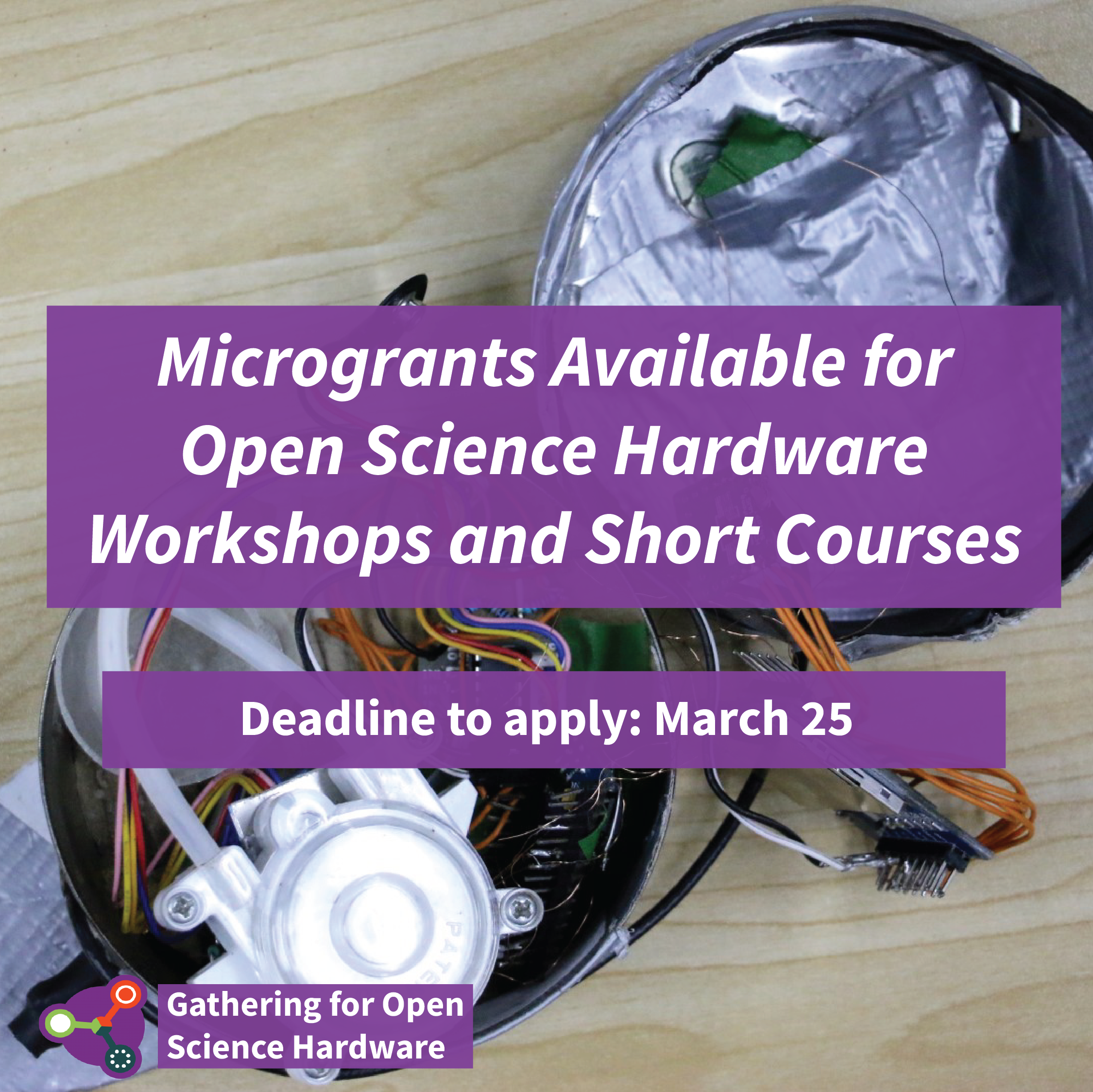 Photo of the GOSH community announcement for the new microgrant program. The photo features a small open science hardware kit in the background, with colorful wires prominently displayed. Over this is a purple text box with text that reads "Microgrants available for open science hardware workshops and short courses, deadline to apply: March 25." In the bottom left corner is the GOSH Community logo, a series of connected circles in light green, orange and dark green with text that reads "Gathering for Open Science Hardware"