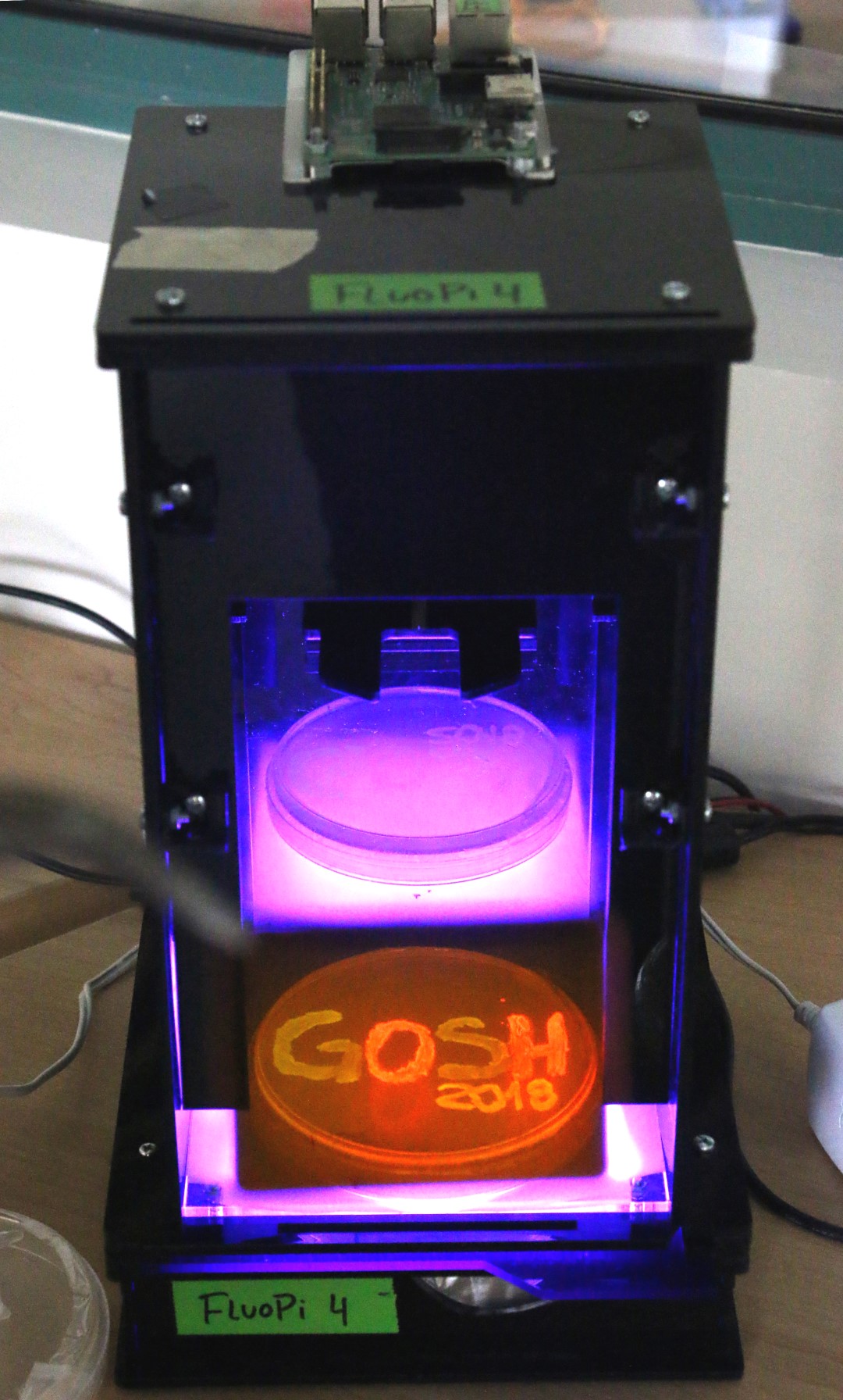 Photo of the FlouPi4 at the 2018 Gathering in Shenzhen. In the FlouPi4 is agar with GOSH 2018 inscribed into it!